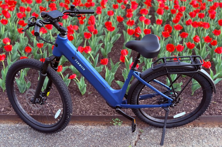 A Sapphire Blue Tenways Wayfarer commuter ebike in front of red tulips at the Lady Bird Johnson Memorial