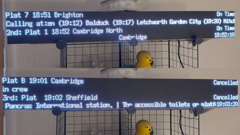 Two images of a DIY train station departure board displaying information on LED screens