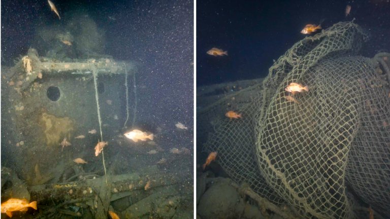 Two side by side photos of Quest shipwreck. The left shows portholes and the hull with fish nearby, while the second shows fishing net pollution draped over the ship with fish, too