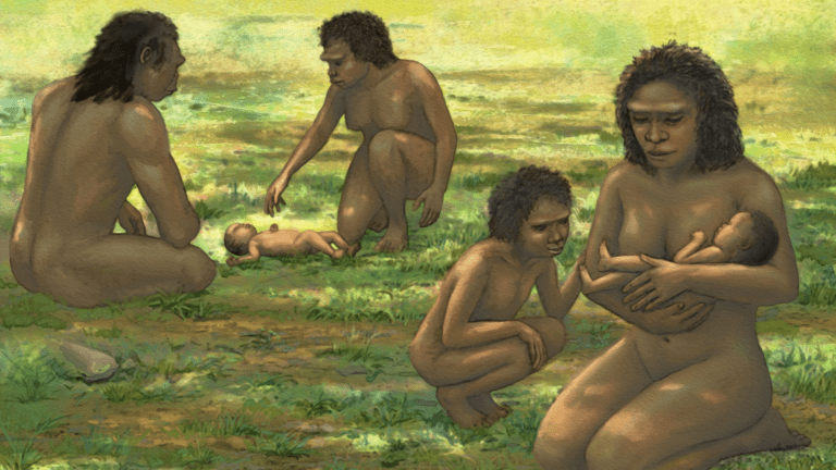an illustration of four humans. one adult is nursing a baby, while a child looks on. two adults are standing over an infant lying on its back