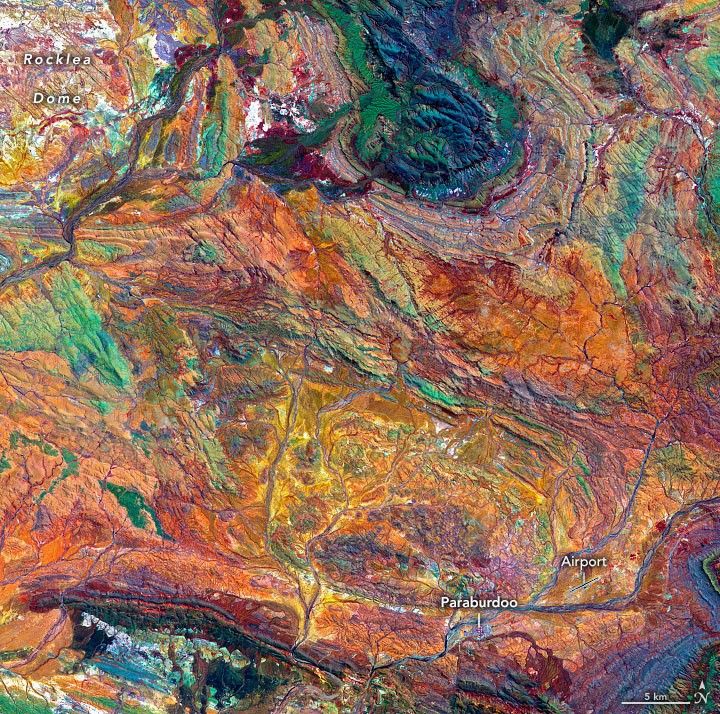 This image shows part of the Hamersley Basin in Western Australia, which lies on the southern Pilbara Craton. A craton is the stable, geologically inactive core of an ancient continent. The Pilbara Craton has remained intact, surviving the affronts of plate tectonics and erosion since the Archean Eon (four billion to 2.5 billion years ago). Image: NASA.