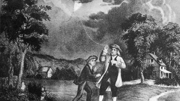 a black and white painting showing benjamin franklin and his assistant wearing tricorn hats and flying a kite in a lightning storm