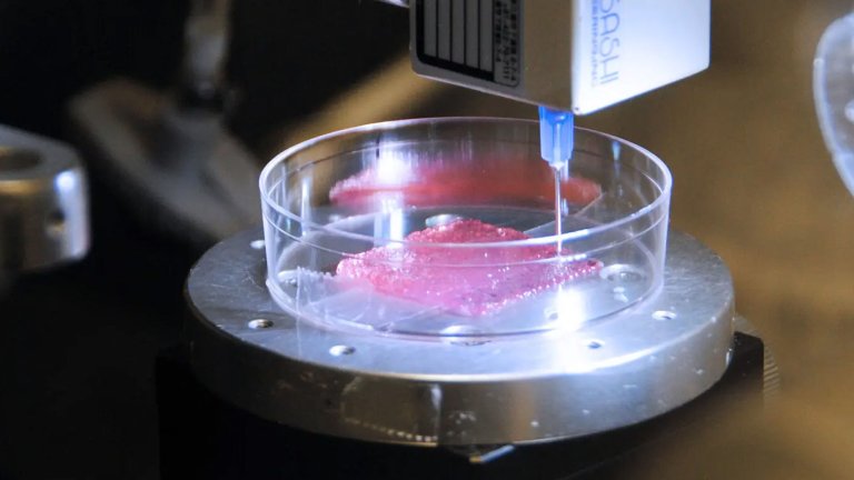 Pink substance in clear glass test dish on a scientific device.