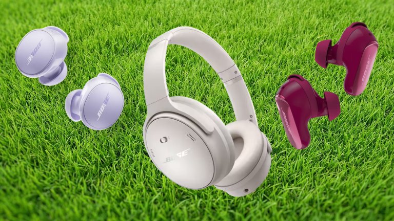 Bose QuietComfort headphones and earbuds shown against a grass background