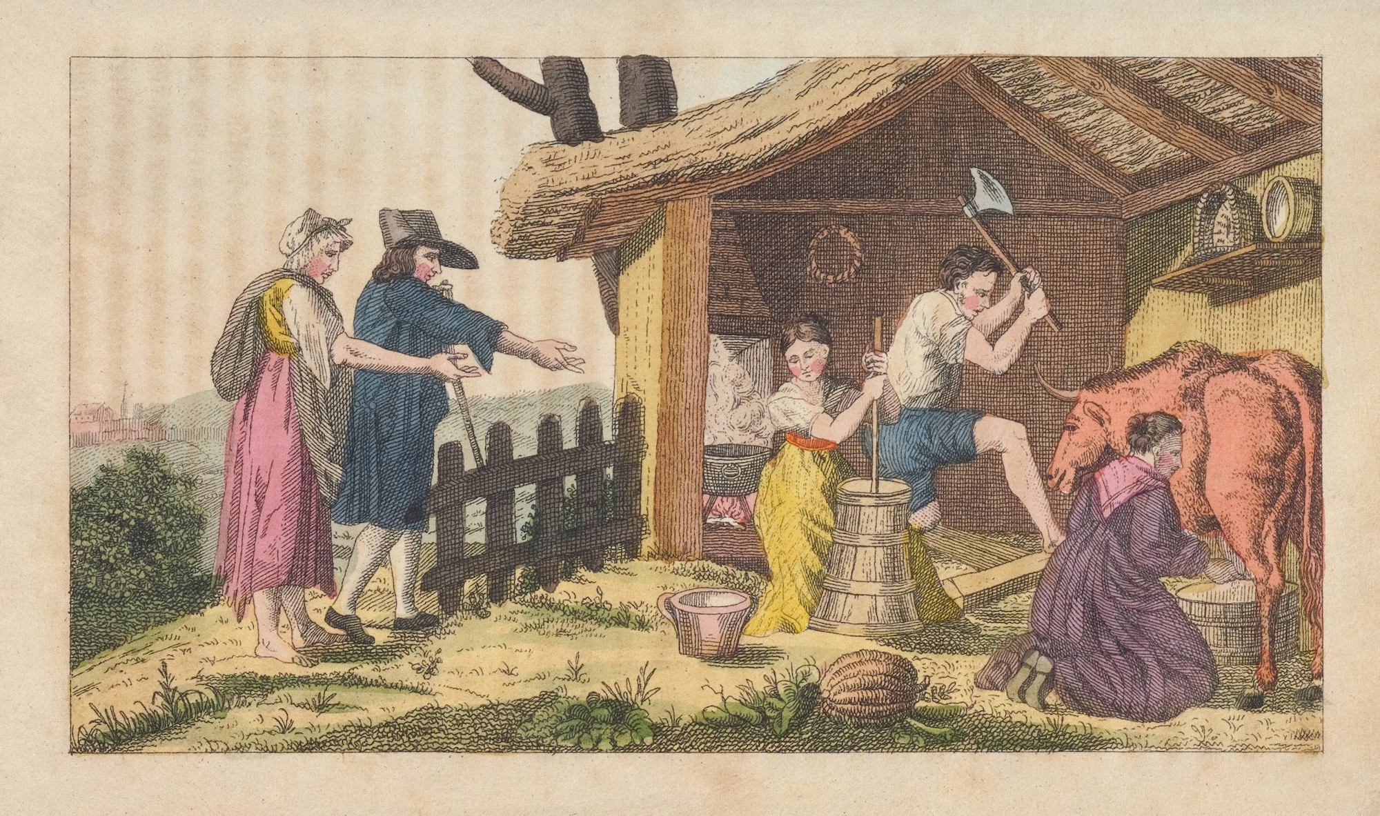 A charming illustration depicting a 19th-century rural dairy scene.