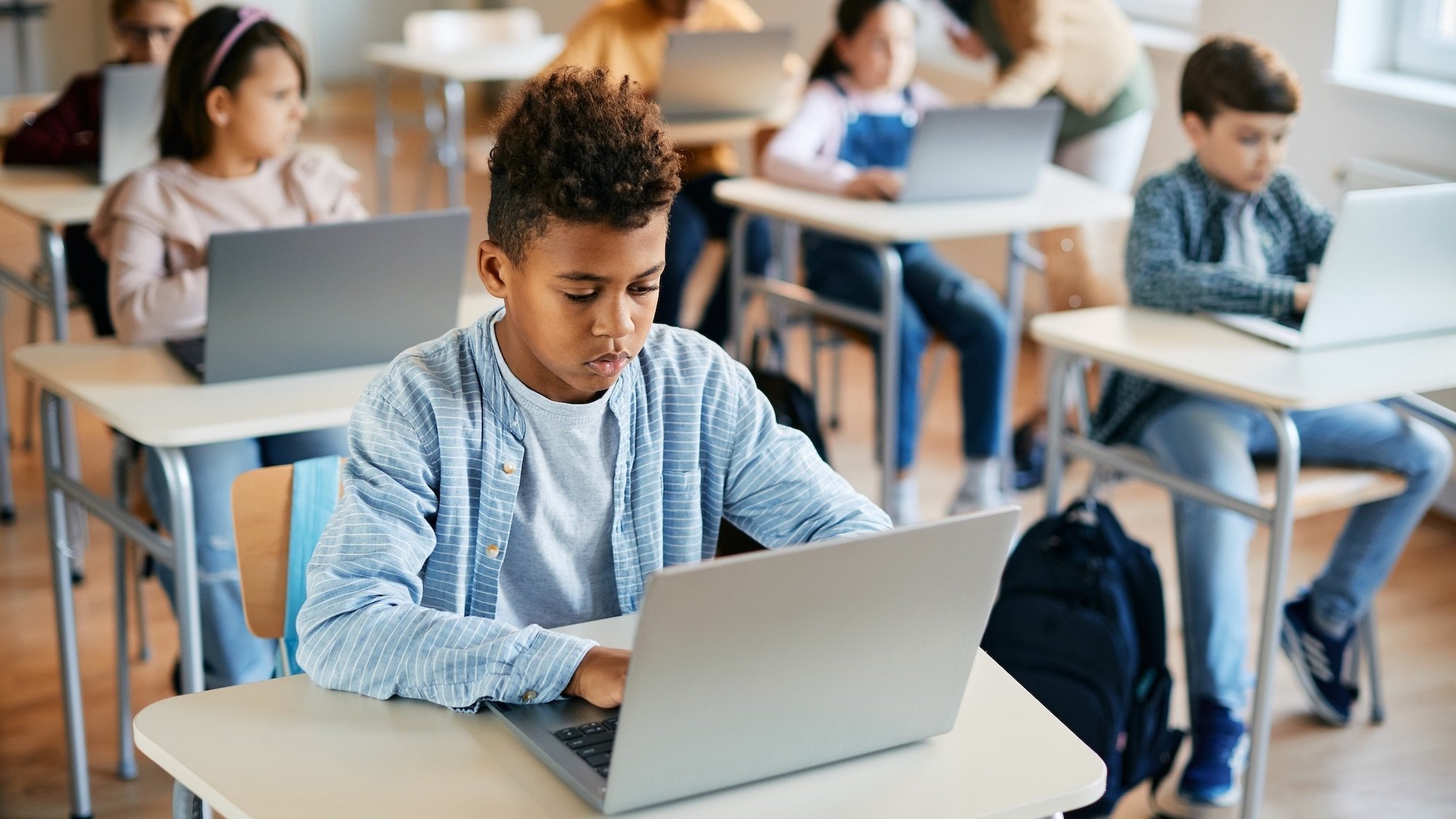 schoolboy e-learning on laptop during computer class in classroom.