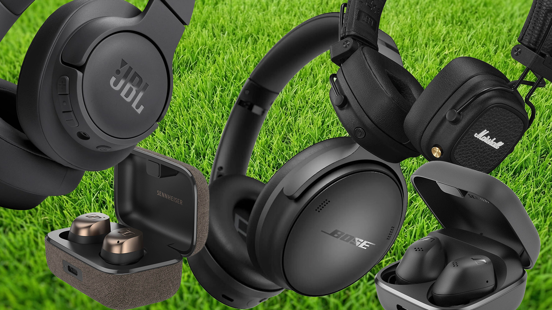 Collage of personal audio on sale at Crutchfield on a grass background