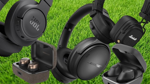 Collage of personal audio on sale at Crutchfield on a grass background