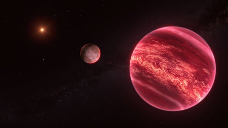 This illustration shows the system around the star CD-35 2722, with the newly found moon-like object at the centre. The star –– the point source to the left –– has about half the mass of our Sun, and it is orbited by a brown dwarf, the reddish-brown object seen here in the foreground (right). The brown dwarf has about 37 times the mass of Jupiter: too massive to be a planet, but not massive enough to have sustained nuclear fusion like stars. This brown dwarf is, in turn, orbited by a newly discovered object at least as massive as Jupiter, seen at the centre of this image. This new object, found with ESO’s Very Large Telescope (VLT), is difficult to label. It behaves like a moon in the sense that it orbits an object that orbits a star. But this ‘moon’ is massive enough to be a planet, and the object it orbits, a brown dwarf, is neither a planet nor a star.