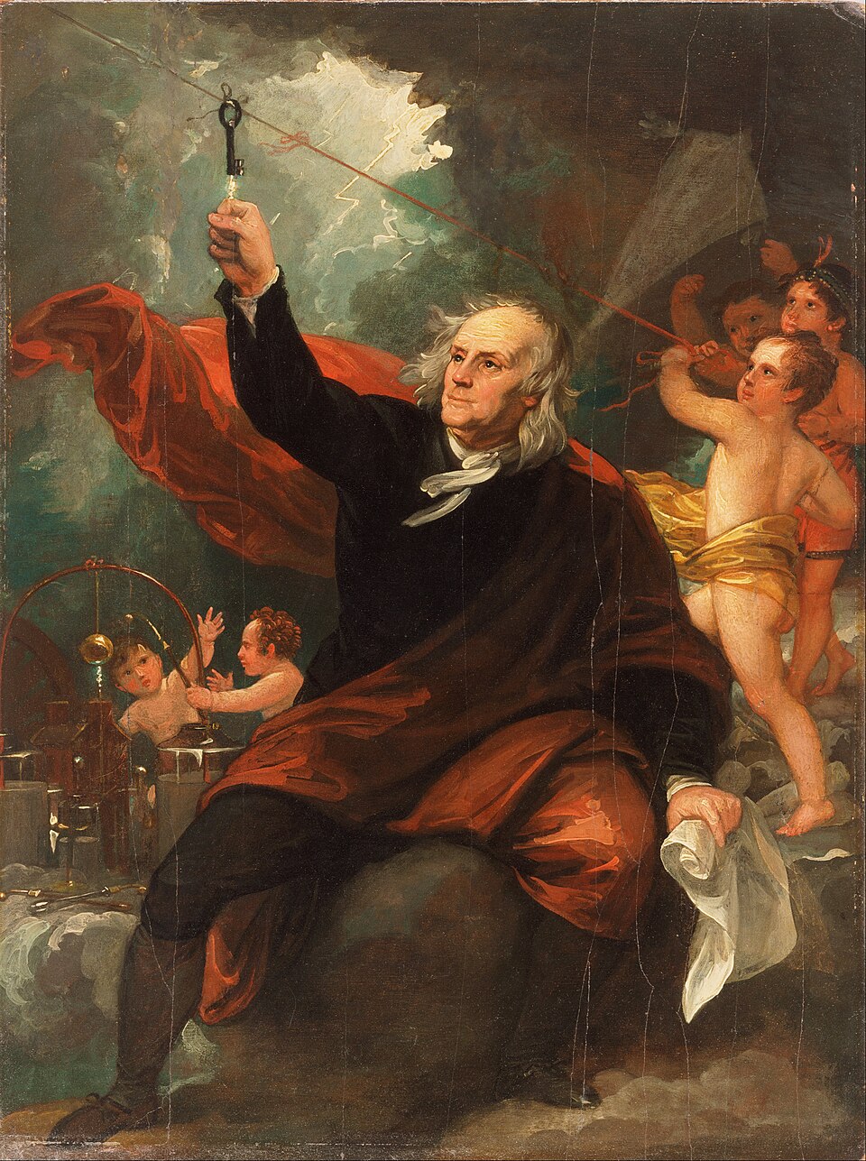 a paining of benjamin franklin, holding a key that is being struck by lightning