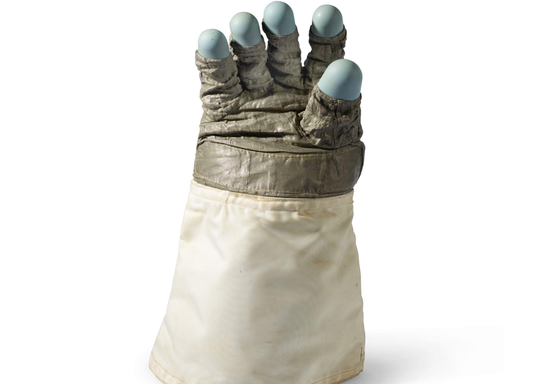 a space suit glove. it is white with gray fingers