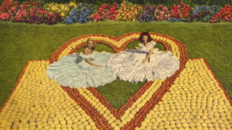 two women in big dresses pose wth the oranges and grapefruit in the shape of a heart.