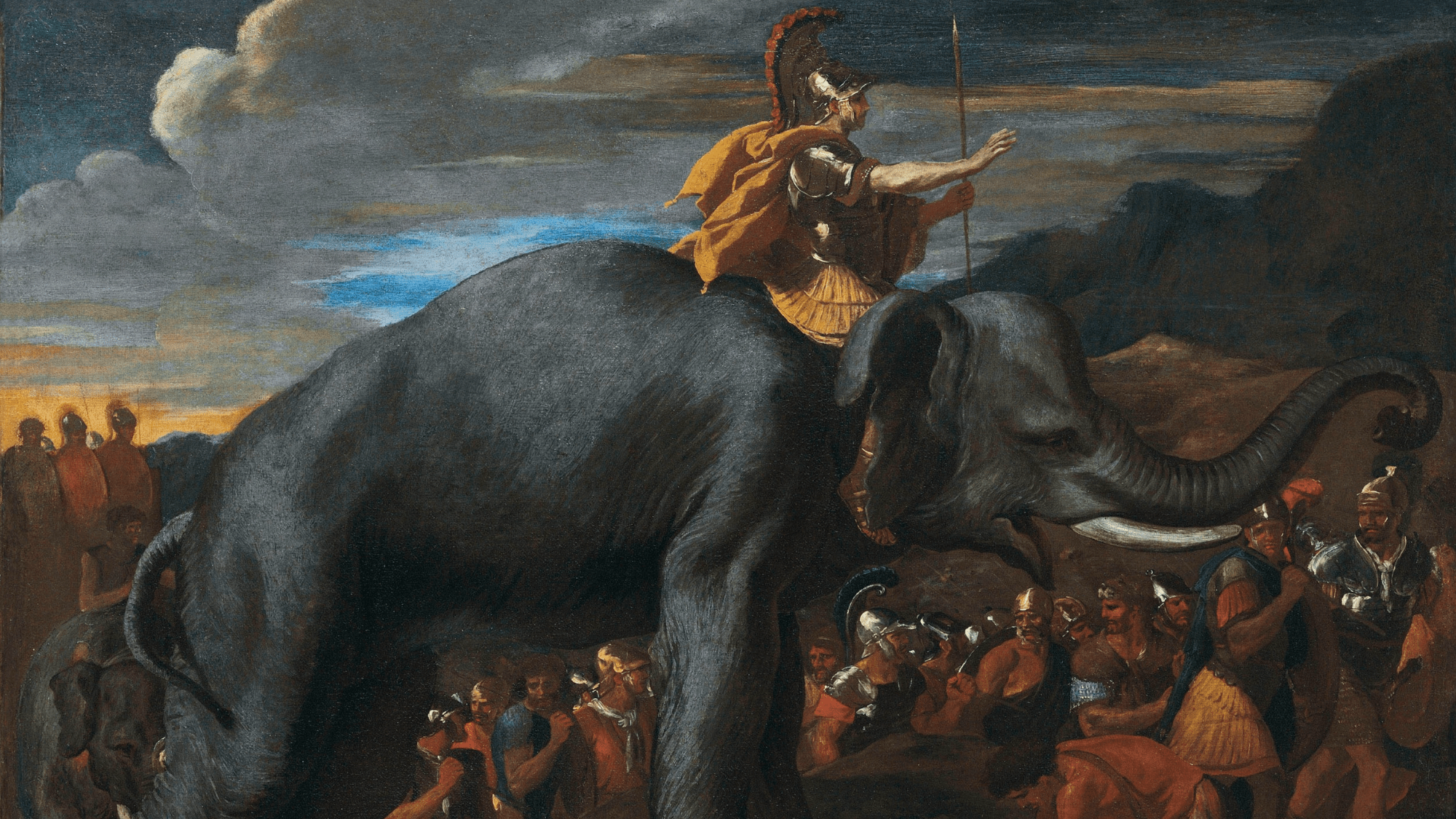 a painting of a man on an elephant in battle
