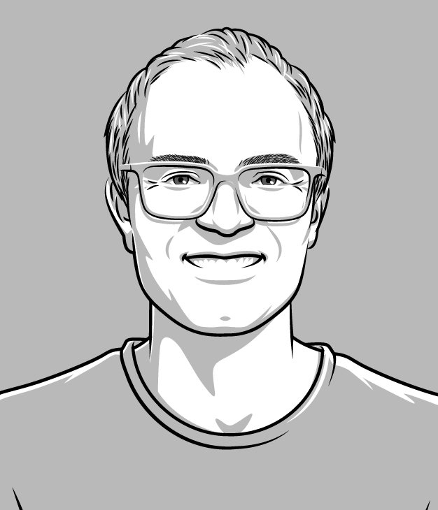 Guillaume Chomicki Black and white cartoon illustration of white man in glasses.