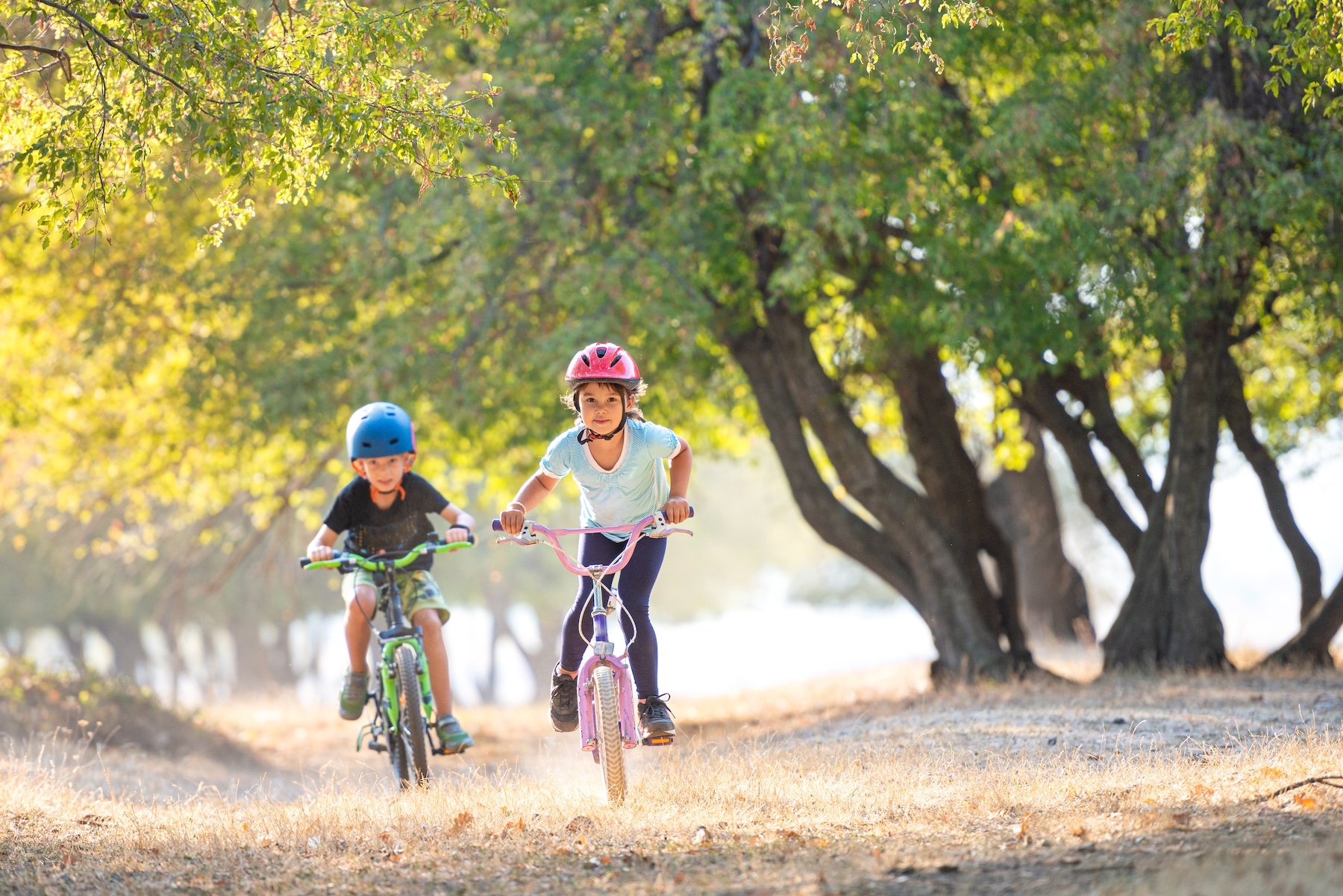 Happy girl and boy having fun in autumn park with a bicycle on beautiful fall day. Active kids wearing bike helmet