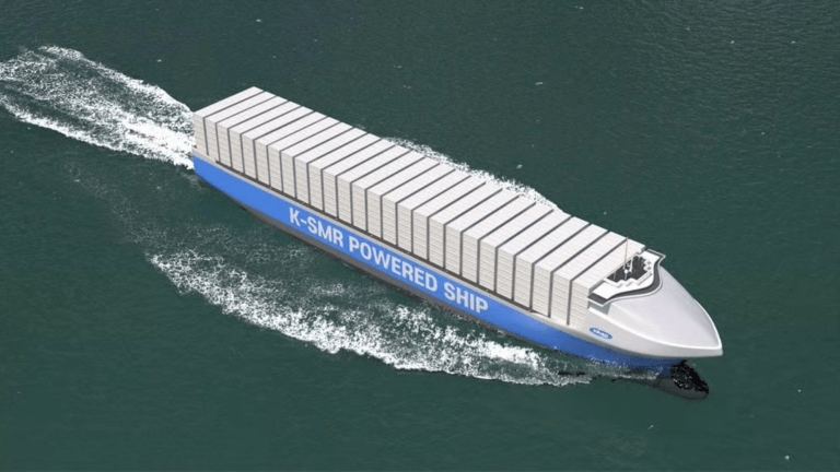 A graphic rendering of a containership that is powered by small modular nuclear reactors.