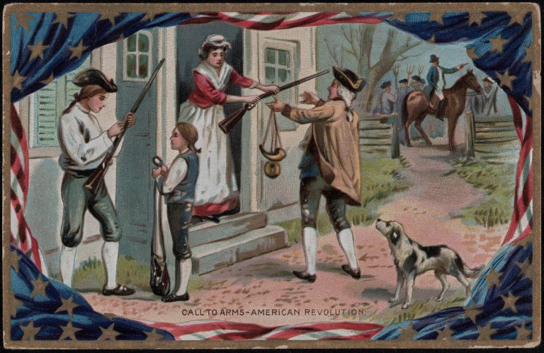 A postcard titled "Call to arms - American Revolution" with the message "Wishing you a joyful Independence Day", United States, circa 1950s. (Photo by Archive Photos/Getty Images)