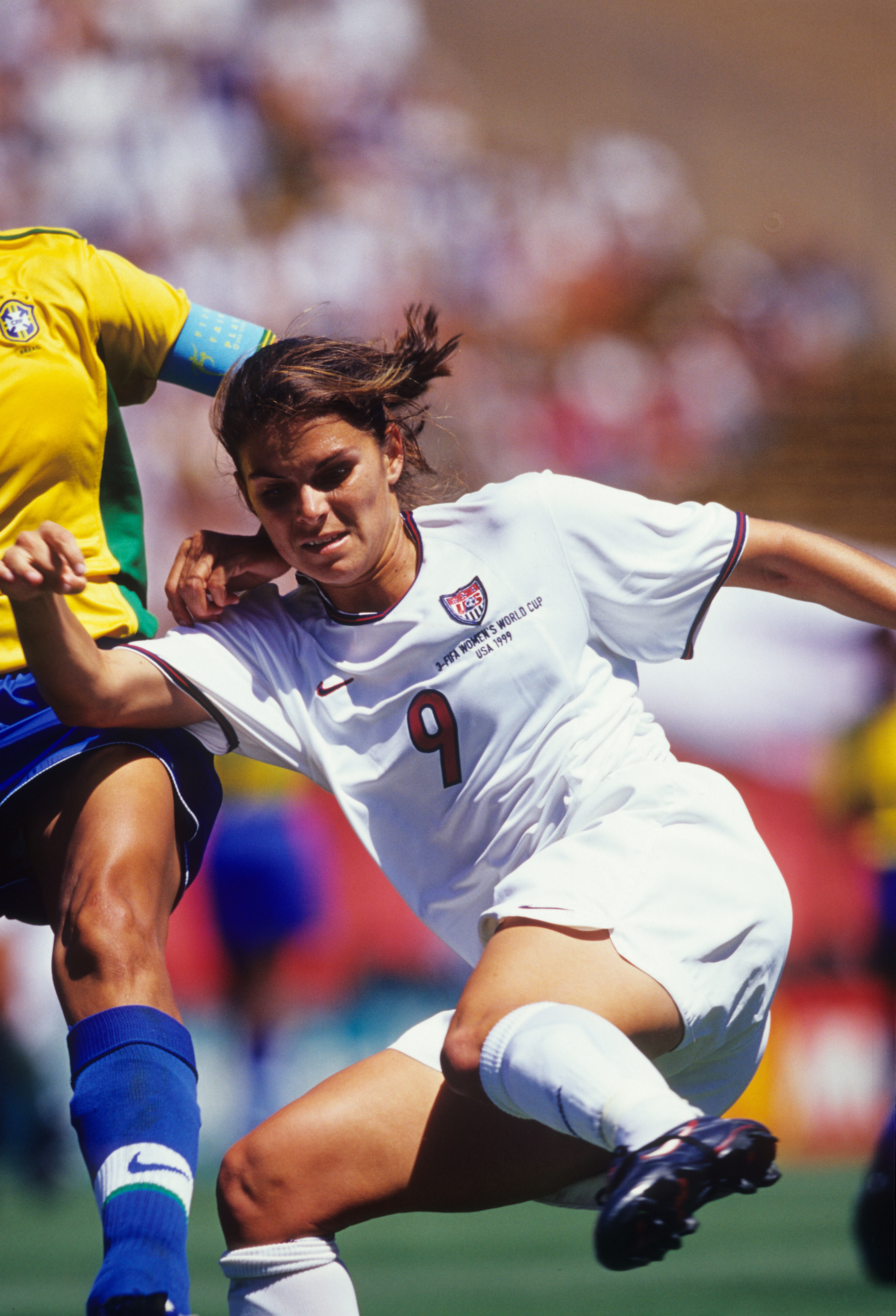 Soccer: FIFA World Cup: USA Mia Hamm (9) in action vs Brazil during Women's Semifinals match at Stanford Stadium. Palo Alto, CA, 7/4/1999 CREDIT: Peter Read Miller (Photo by Peter Read Miller /Sports Illustrated via Getty Images) (Set Number: X58231 TK2 R8 F22 )