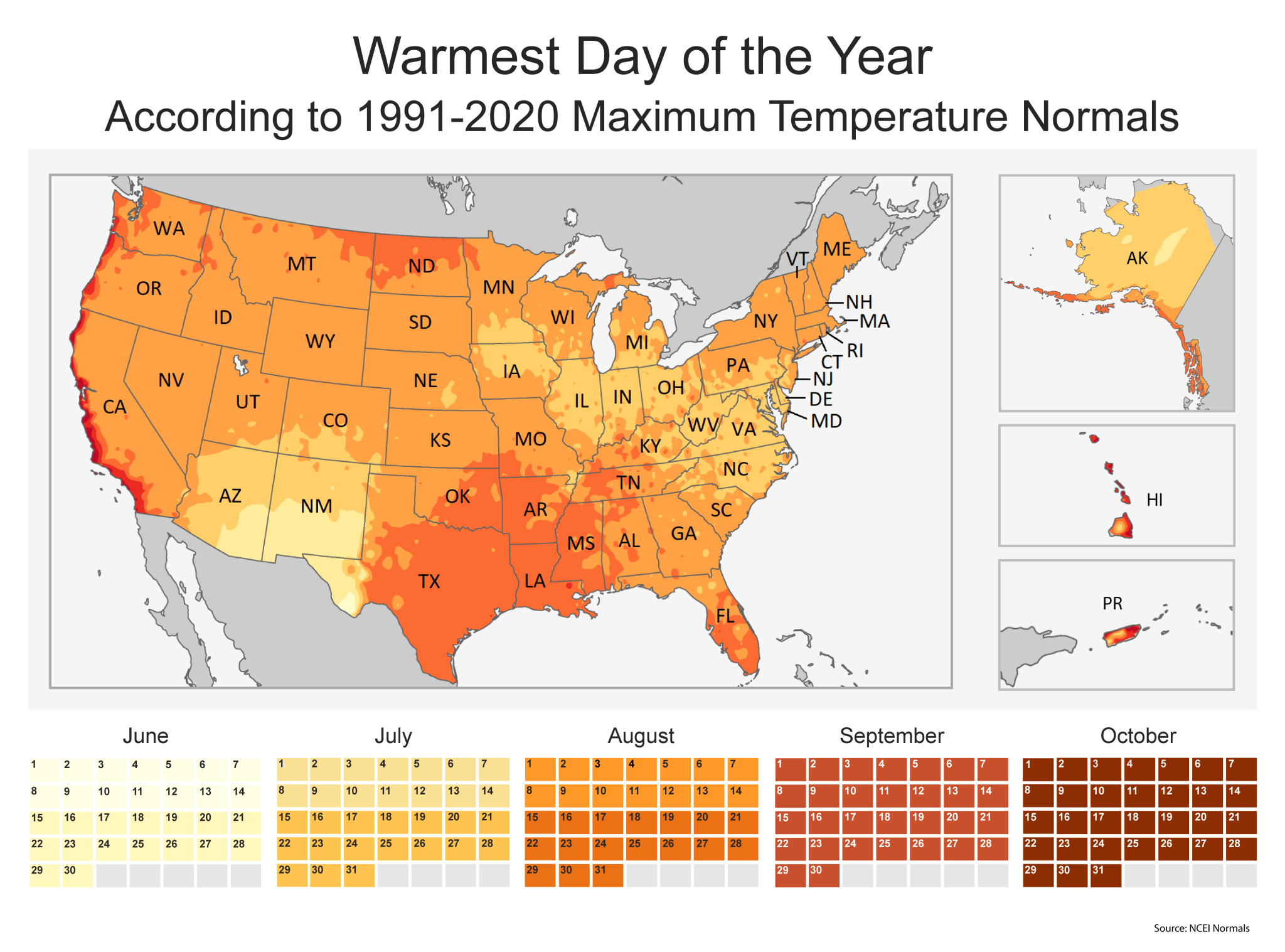 A heat map of the United States showing when regions experience the hottest days of the year