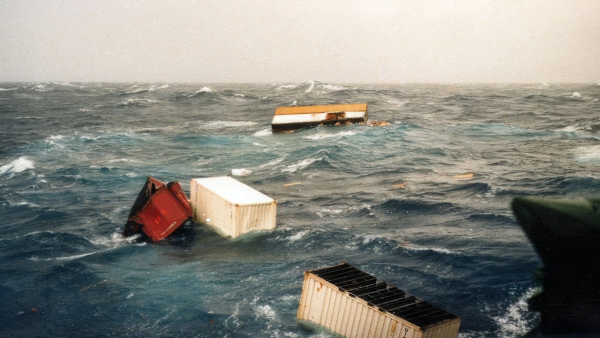 Vintage photograph of several partially ruptured shipping containers floating in the sea.