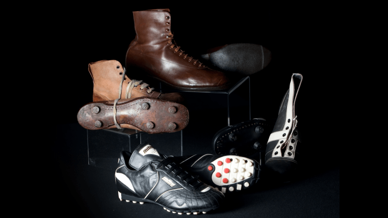 A selection of football boots from the 1890’s to the 1980’s at England’s National Football Museum.