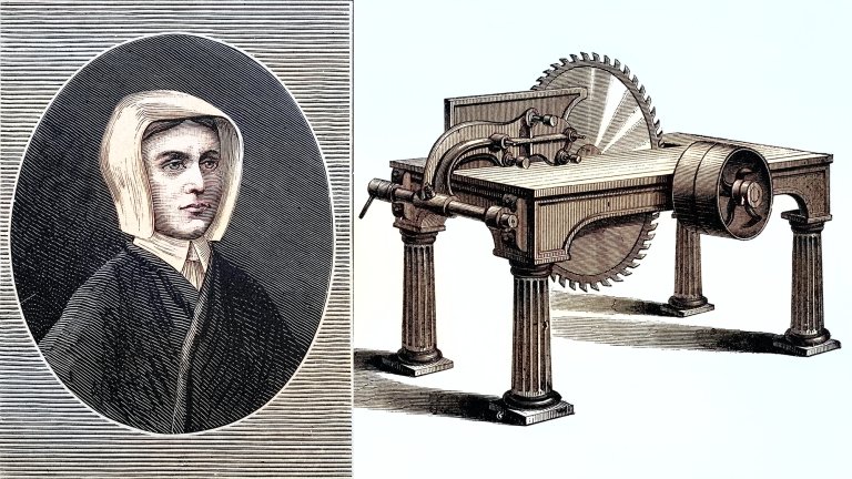 Two images combined. On the left, an engraving of a woman in a bonnet. On the right, a rendering of a circular saw.