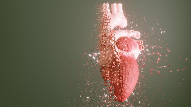 Digital generated dissolving human heart, symbolizing heart health.