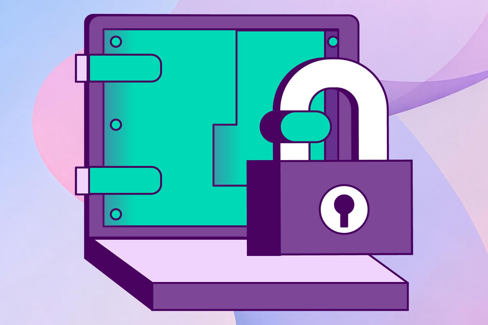 A purple and green graphic depicting a laptop screen "locked down"
