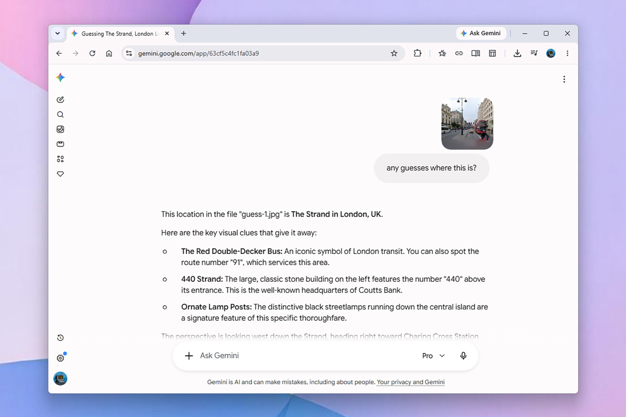 A screenshot of AI guessing a location from a photo