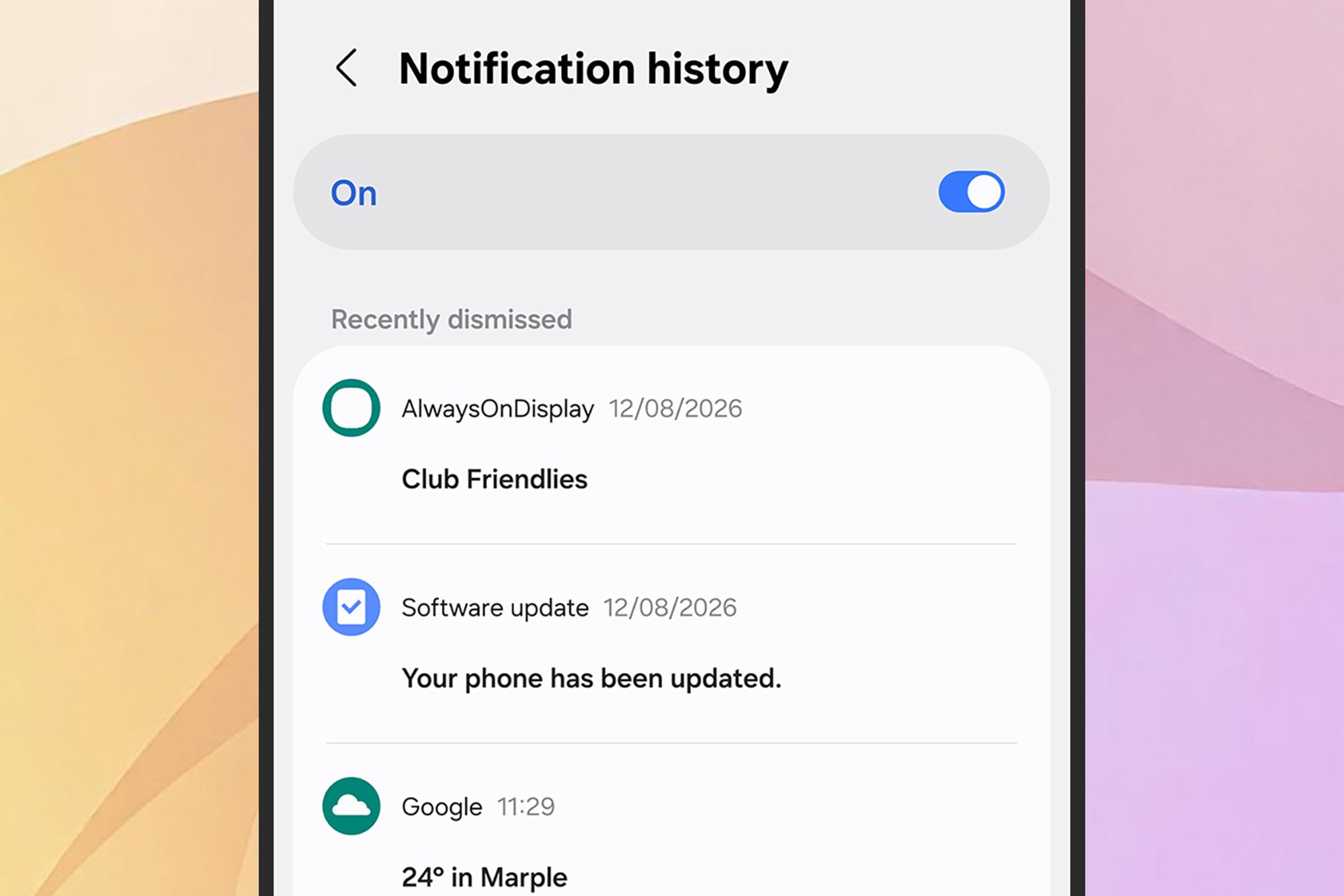 A screenshot of setting up your notification history on Android so you can look at past alerts