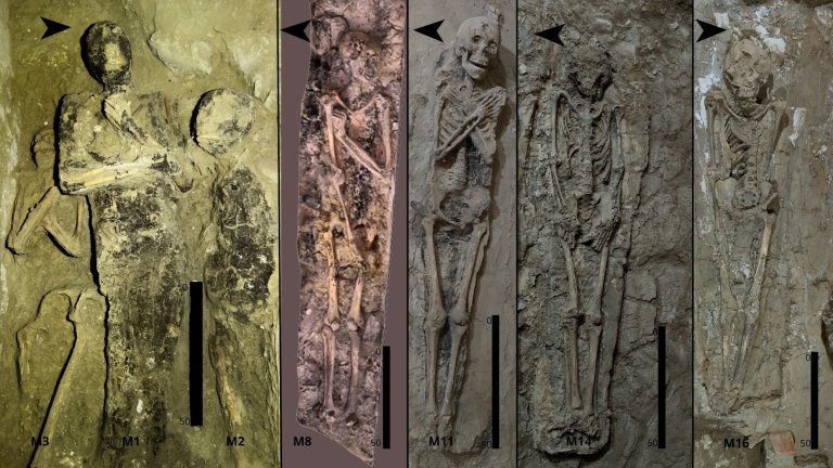 Mummified individuals from Side Chamber 3 of Theban Tomb 209, showing variation in body orientation and arm position.