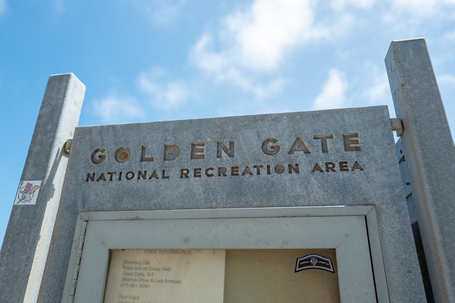 Sign for Golden Gate National Recreation Area near Crissy Field, in the Presidio, San Francisco, California, June 28, 2020. (Photo by Smith Collection/Gado/Getty Images)