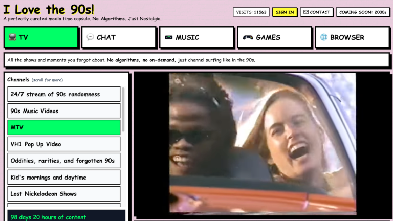 I Love The 90s website home page showing various links to archival YouTube channels, games, and a chatroom