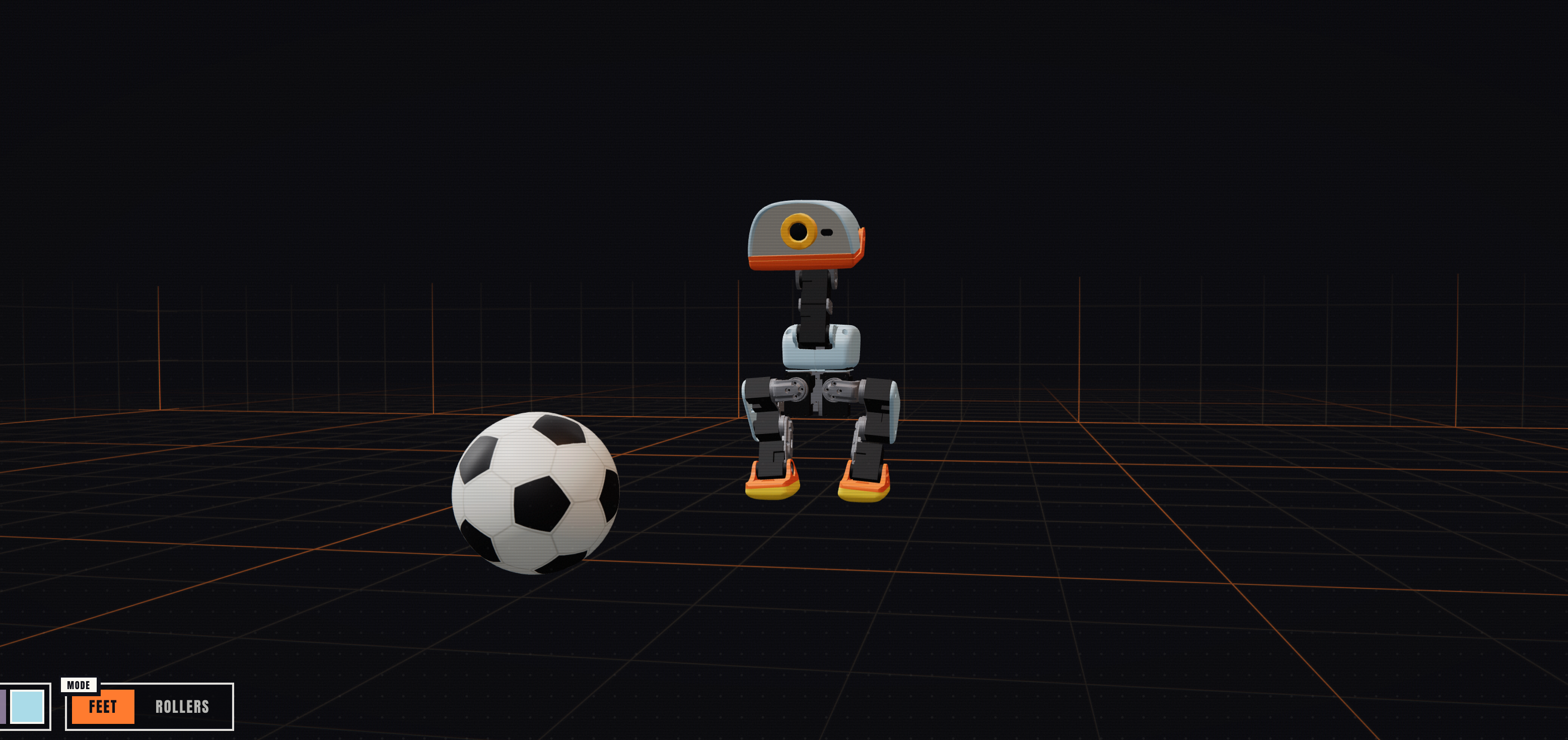a simulated image of a robot with two legs and one eye standing on a black grid and moving towards a soccer ball