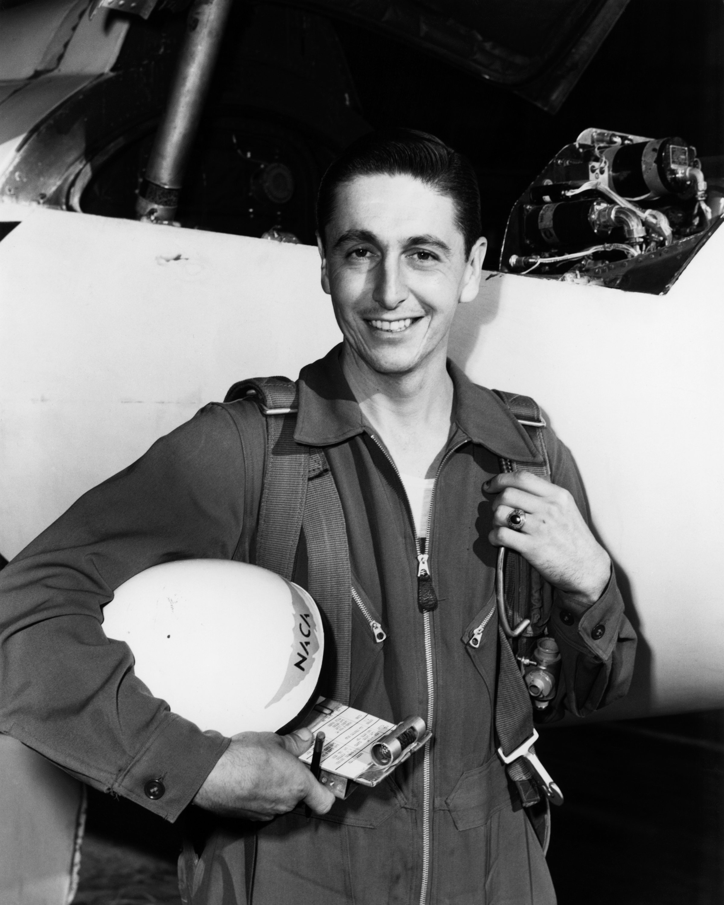 NACA pilot A. Scott Crossfield next to the D-558-2 after first Mach 2 flight.