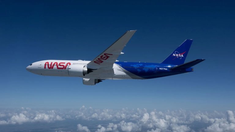 NASA’s Boeing 777 returns to the agency’s Langley Research Center after receiving a new paint scheme.