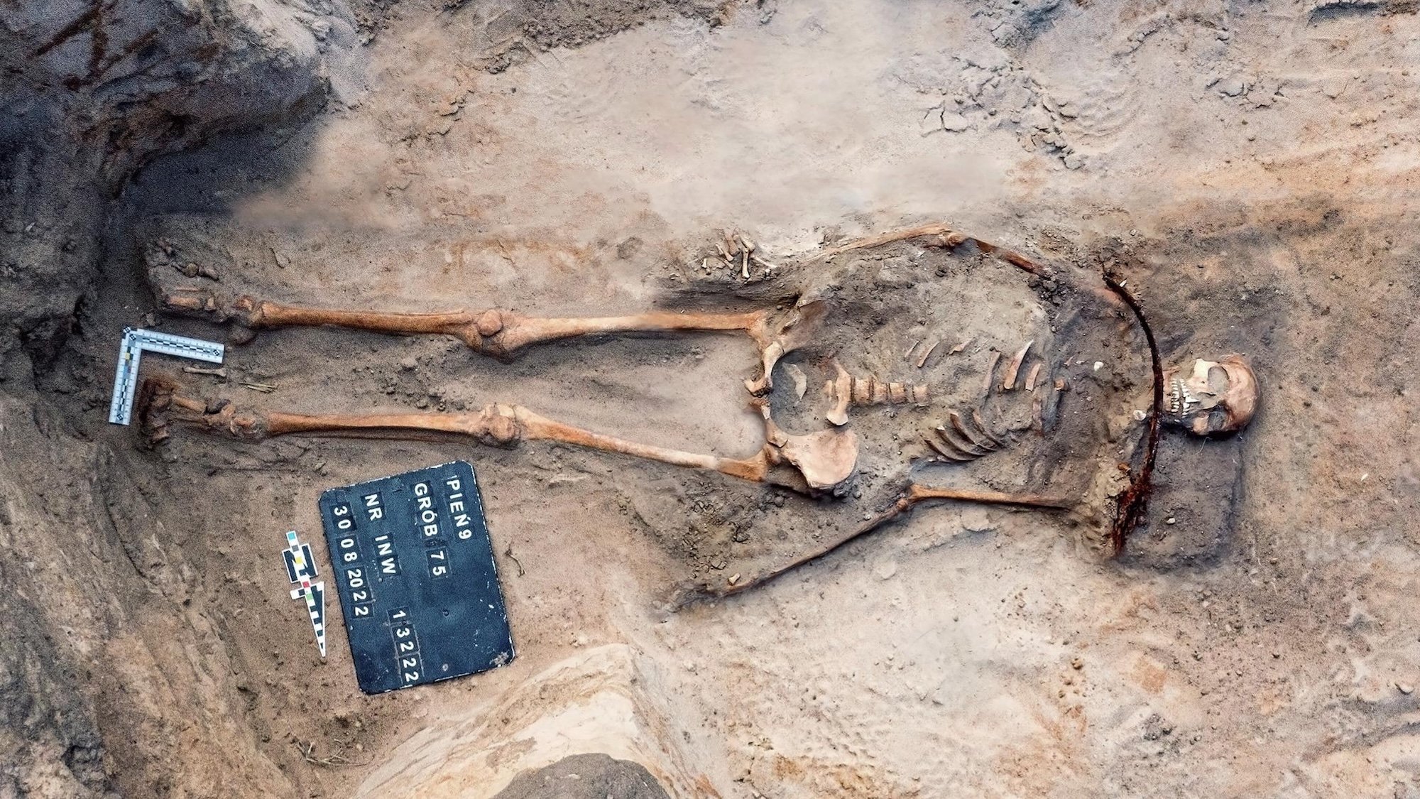 17th century skeleton of a young woman in burial plot in Poland