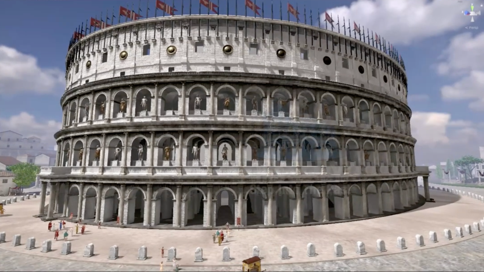 Digital rendering of a large Roman amphitheater.