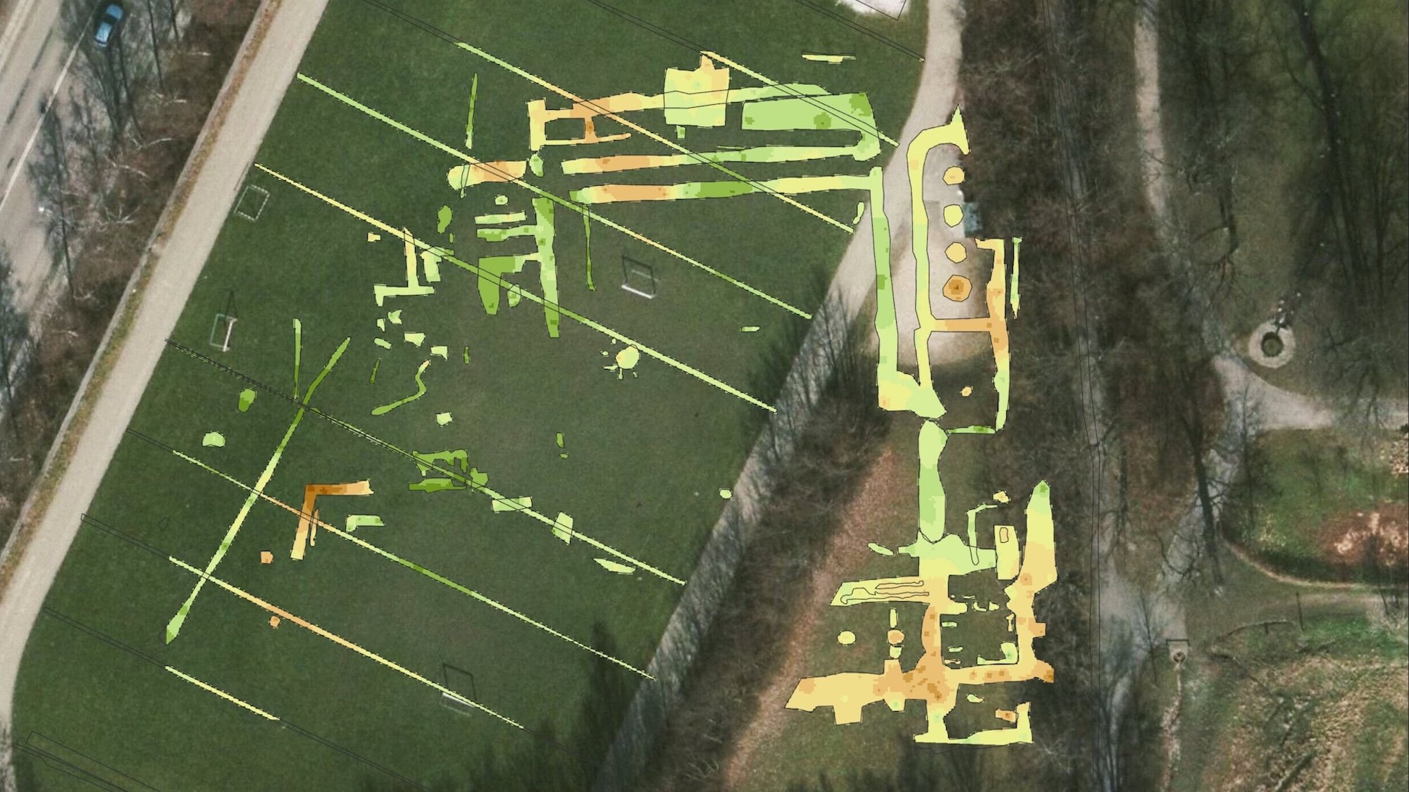 Ground penetrating radar outlines of St Clare's Convent underneath soccer field in Denmark