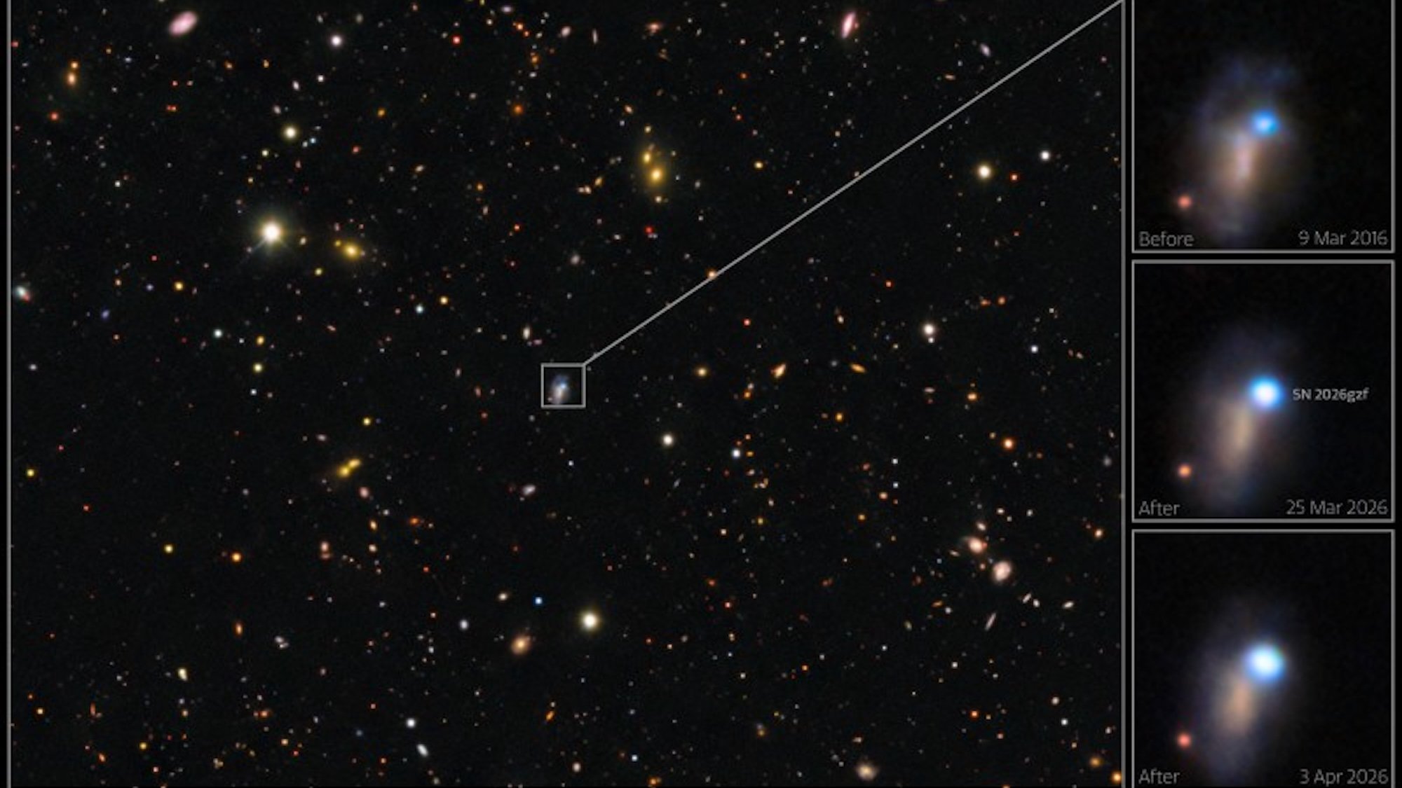 An image of a supernova shock breakthrough in space with three additional timelapses images on the right showcasing its luminosity shift over years.