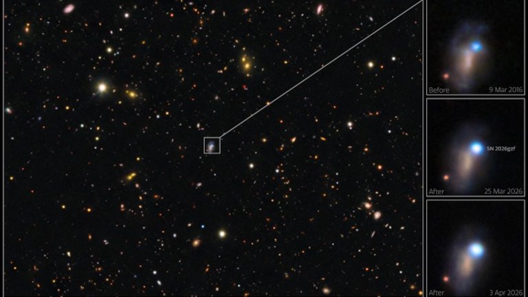 An image of a supernova shock breakthrough in space with three additional timelapses images on the right showcasing its luminosity shift over years.