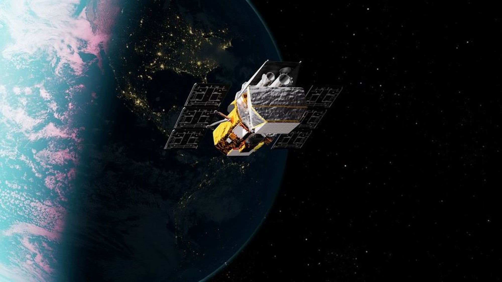 Artist's illustration of Swift Observatory orbiting Earth in space