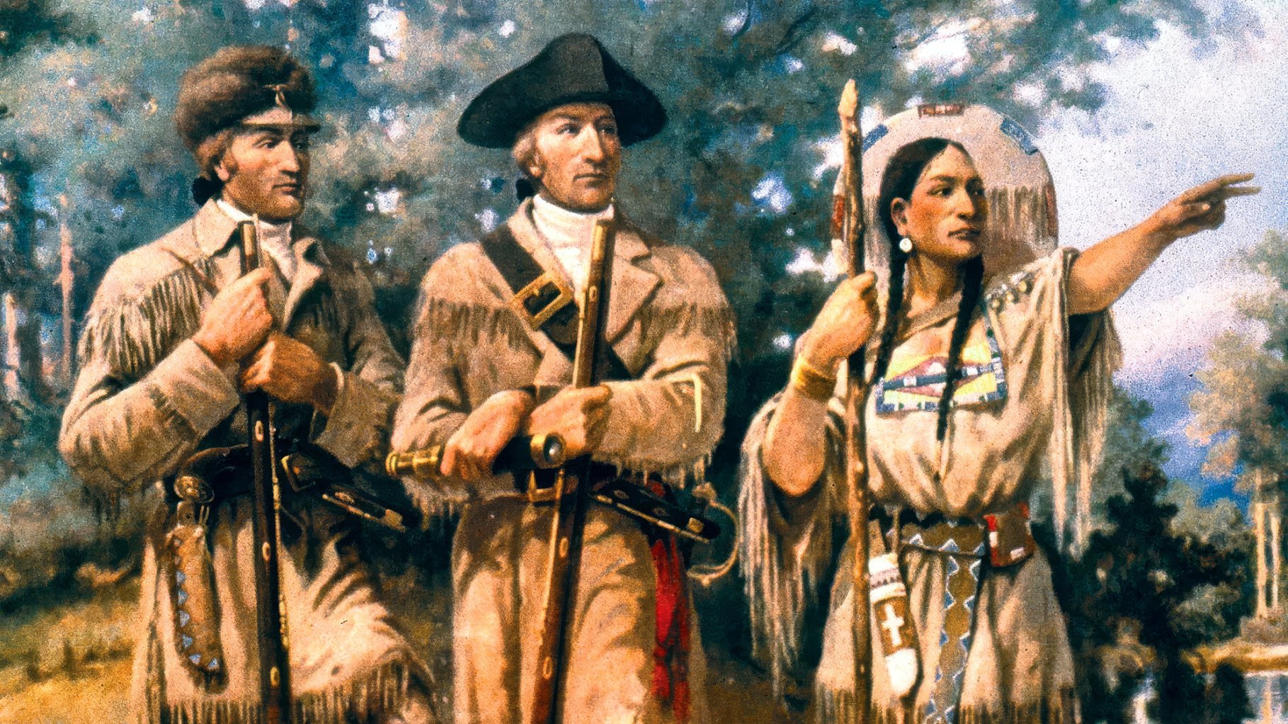 Lewis and Clark and Sacagawea look into distance in painting.