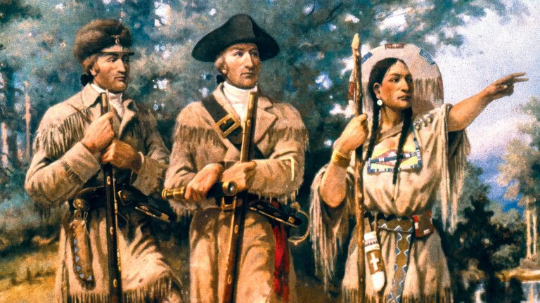 Lewis and Clark and Sacagawea look into distance in painting.