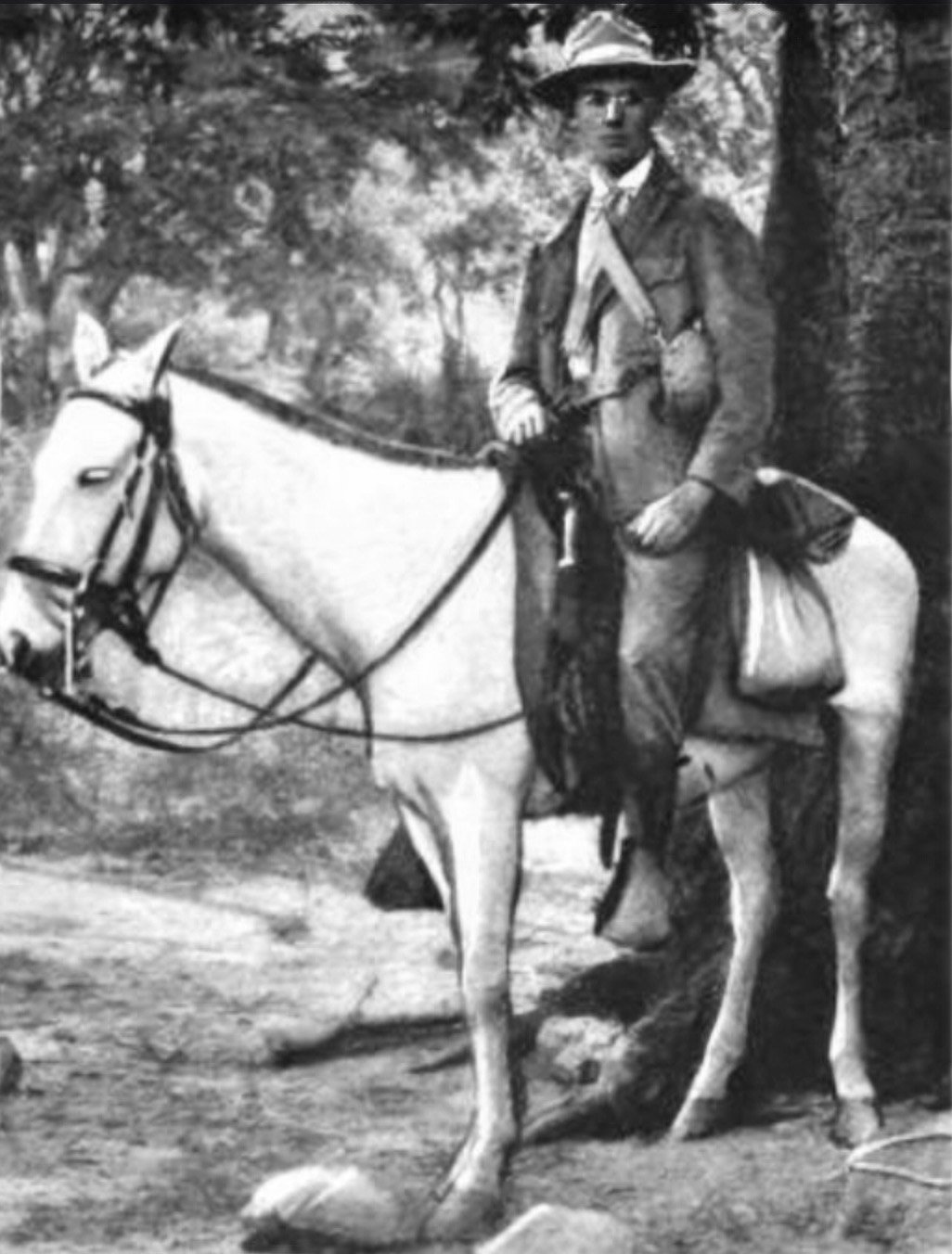A vintage, blurry photograph of a man on a white mule wearing a hat and spectacles.