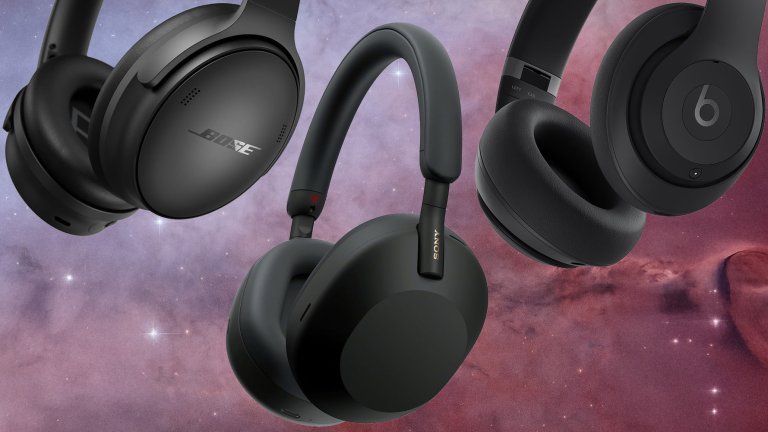 Black Bose, Sony, and Beats noise-canceling headphones on a solar background
