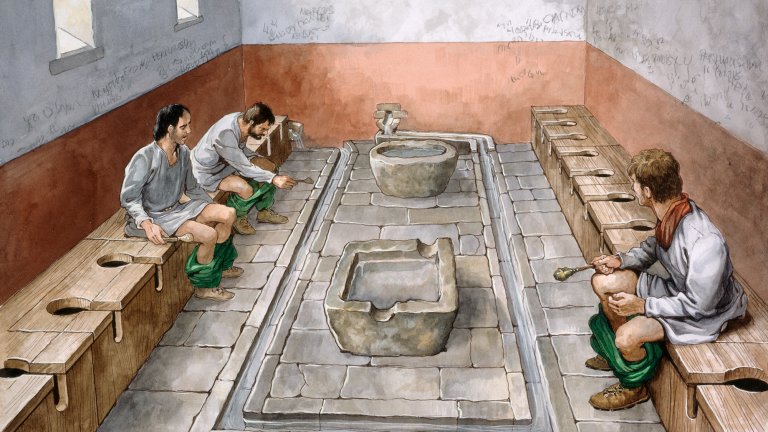 A reconstruction drawing of the interior of a Roman latrine showing three men seated in an open toilet with no doors.