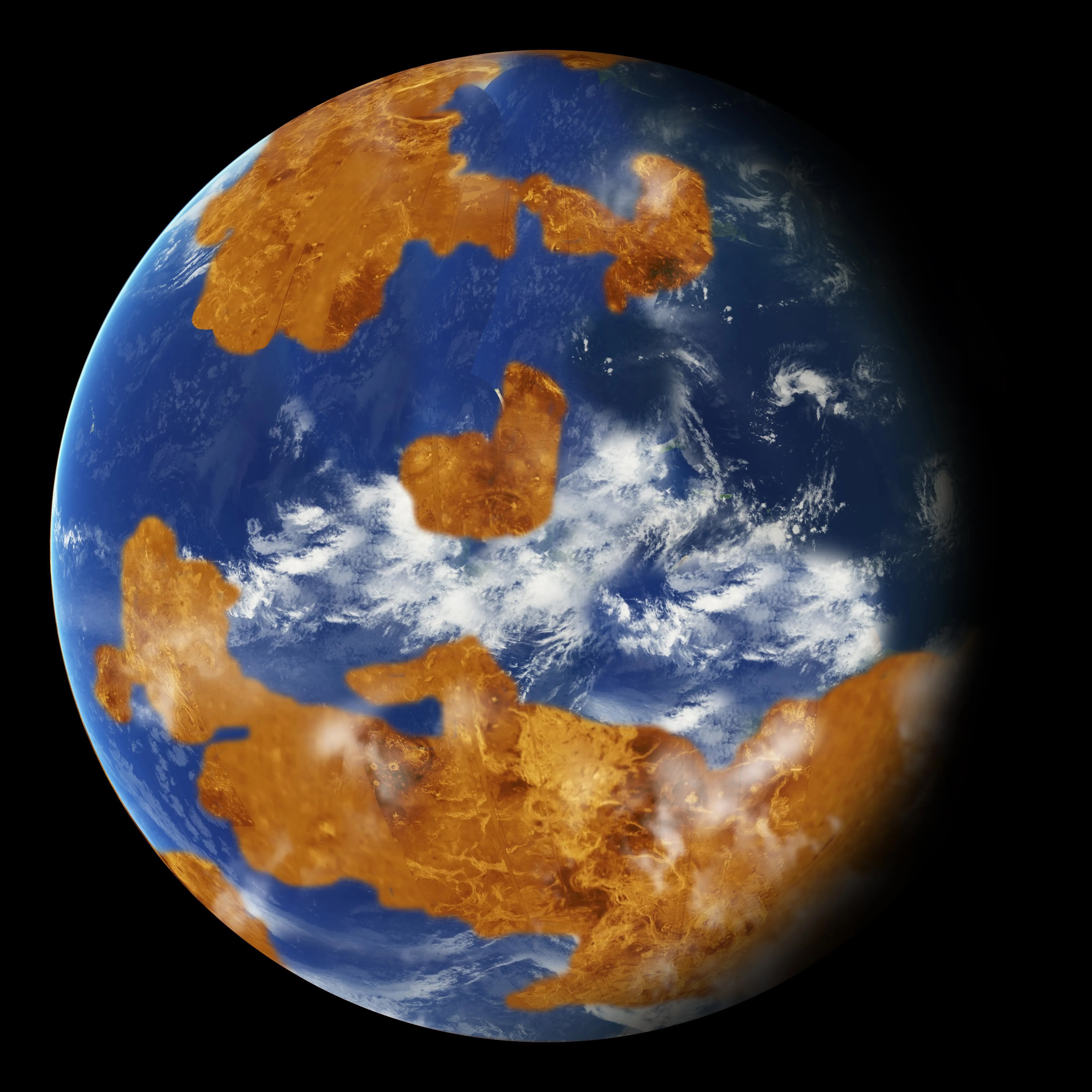 An illustration of ancient Venus, which looks like Earth with oceans and clouds, and dark landmasses interspersed.