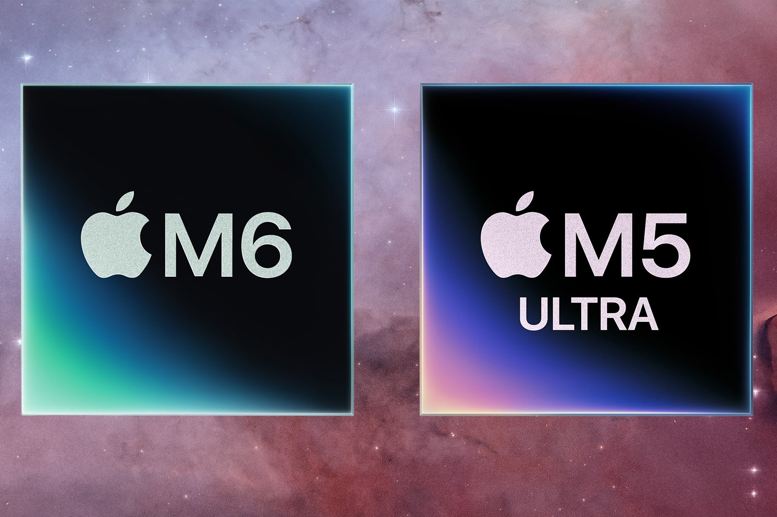 Apple M6 and M5 Ultra chips against a space background