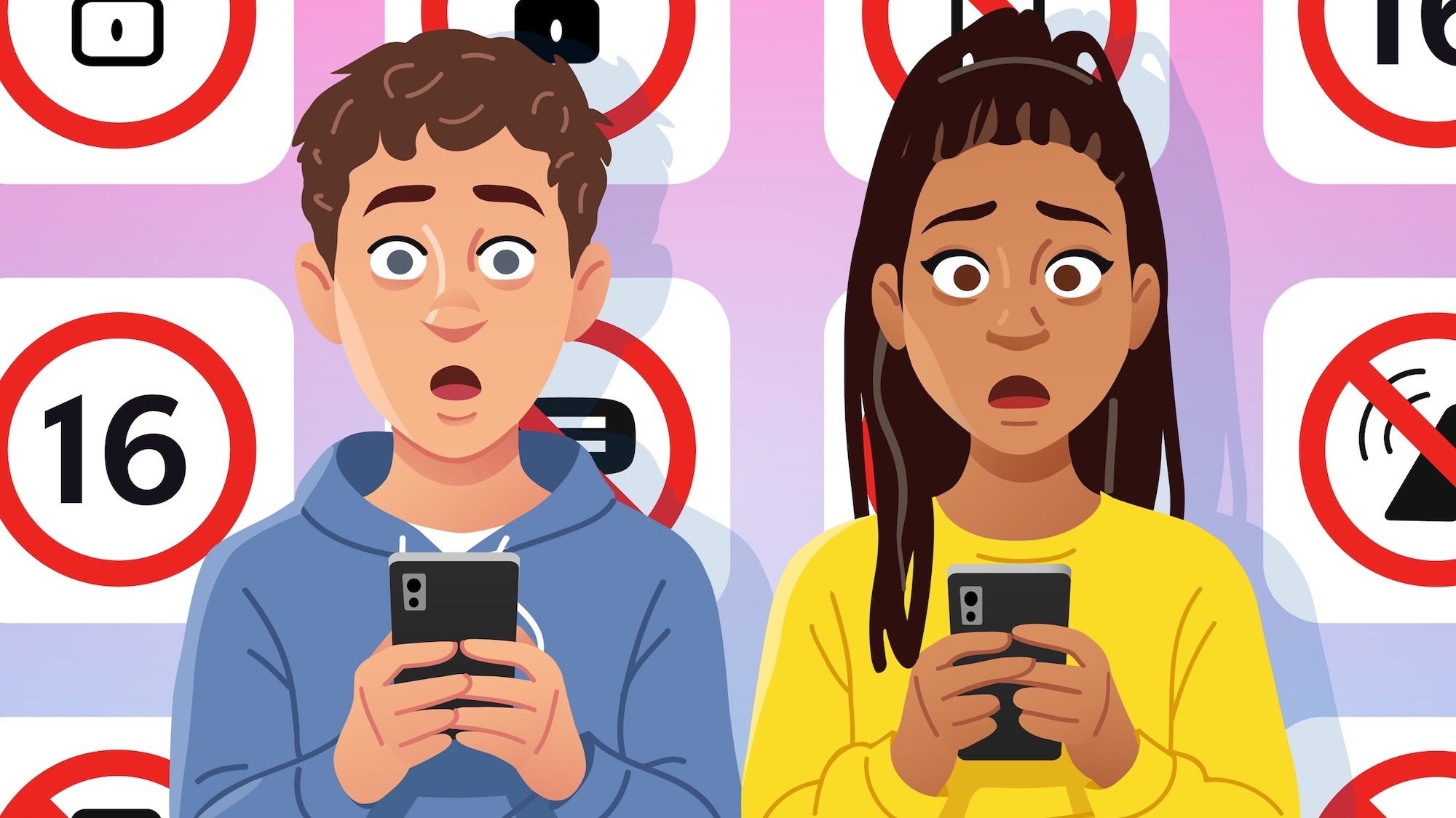 Vector illustration of a teenage girl and boy holding a smartphone and being shocked and surprised by ban on social media or the use of smartphones. The background shows a smartphone screen with several app icons with blocked symbols.